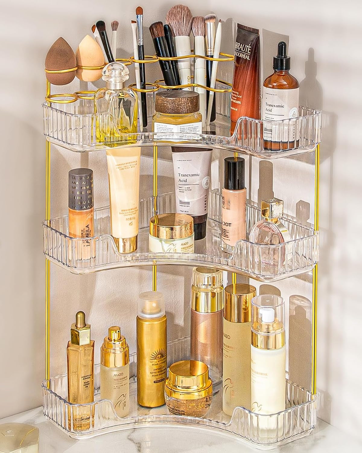 3 Tier Bathroom Makeup Organizer with Brush Holder, Corner Storage