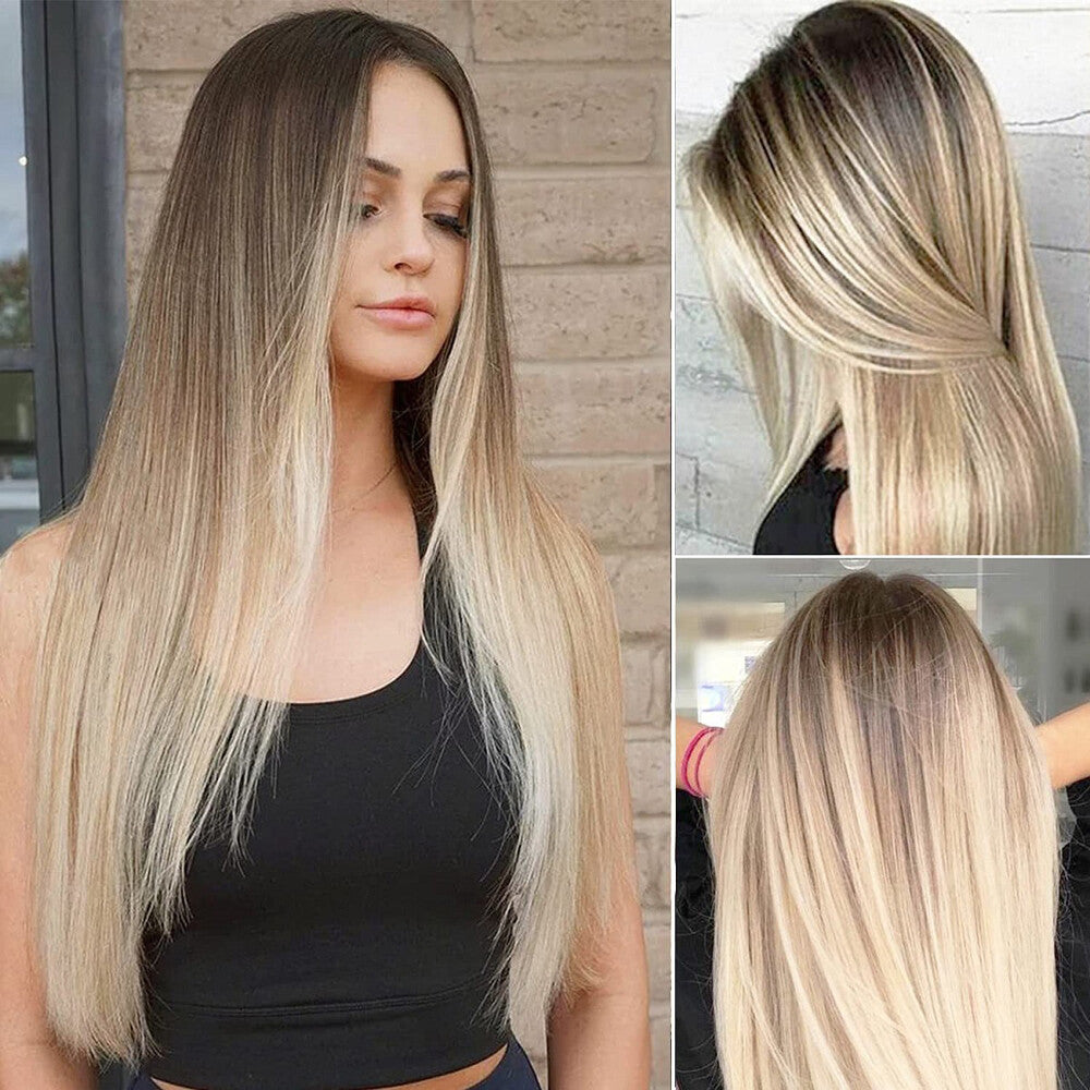 Ombre Blonde Long Straight Human Hair Wig for Women Natural Cosplay