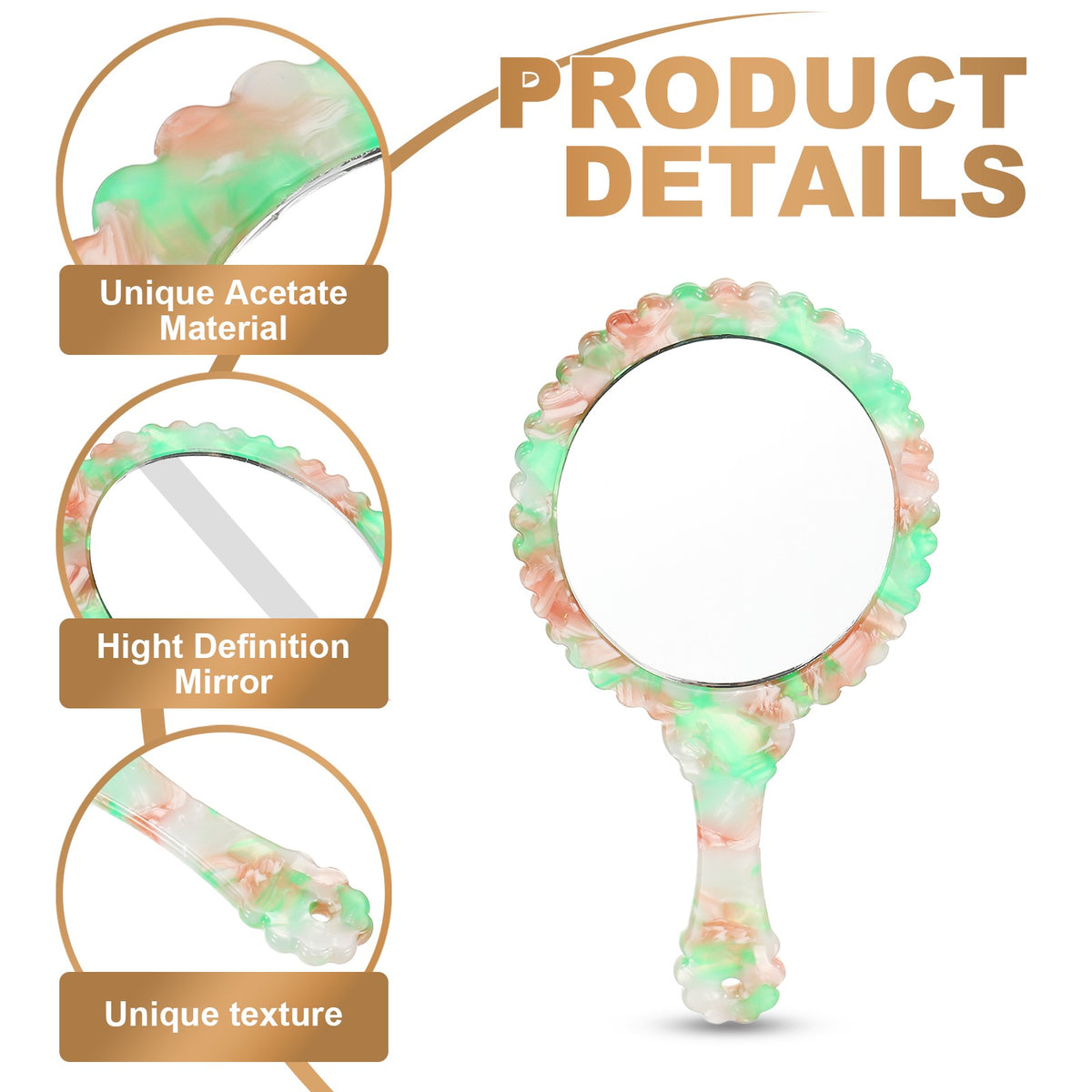 Oval Handheld Mirror with Green Floral Acetate Handle - Travel Makeup Mirror