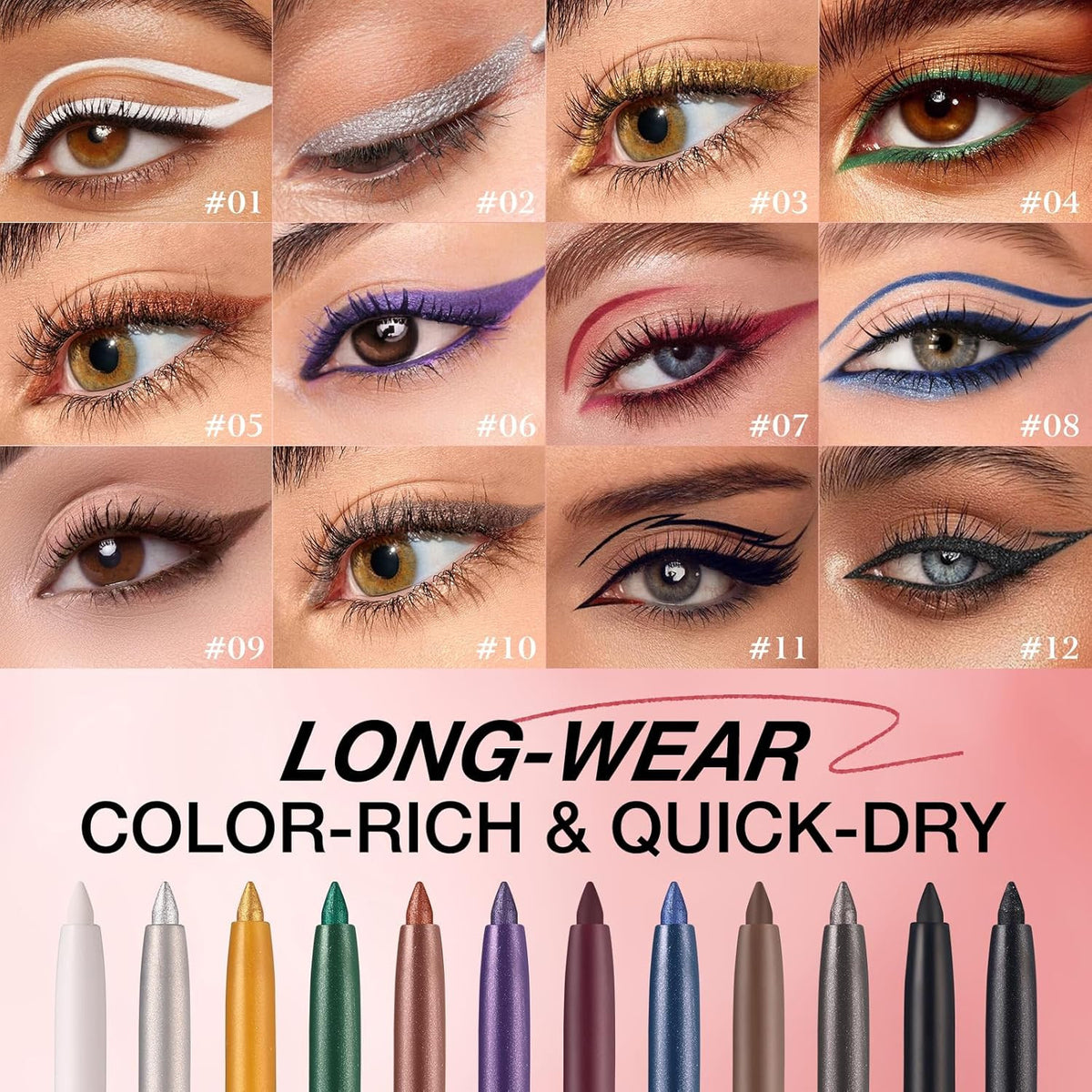 12-Color Waterproof Gel Eyeliner Pencil Set - Matte, Shimmer & Metallic Shades