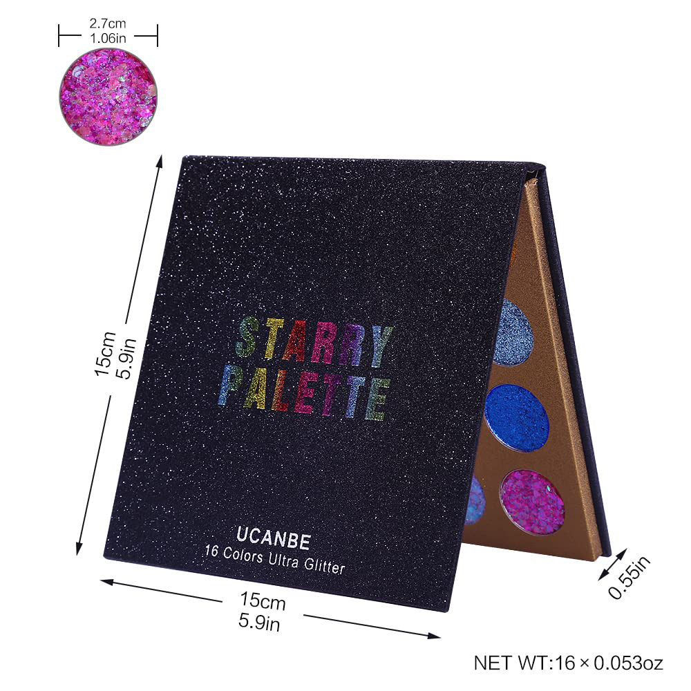 16-Color Glitter Eyeshadow Palette with Chunky & Fine Pressed Glitter