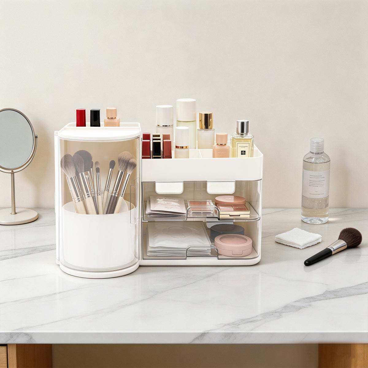 Tiered Makeup Organizer with Brush Holder & Drawers – Countertop Cosmetic Storage Box