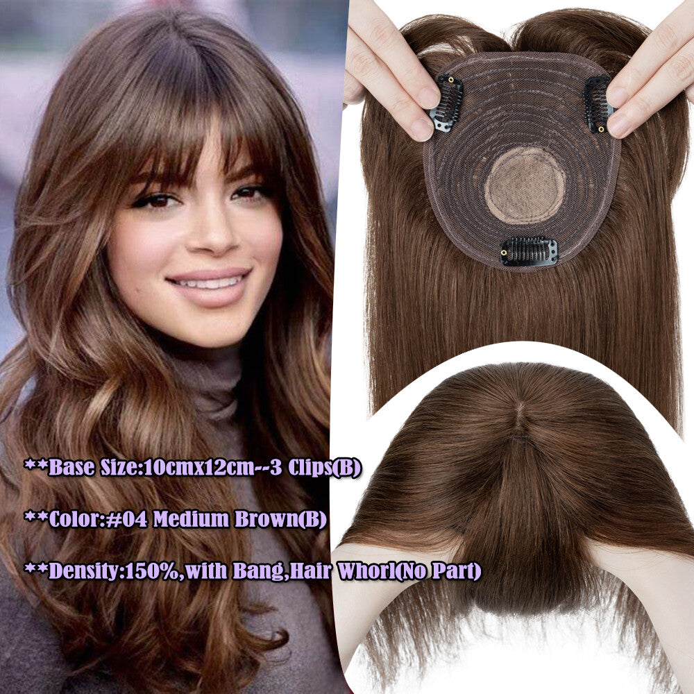 Human Hair Topper Clip-In Hairpiece with Silk Base - Brown, 6-12 Inches