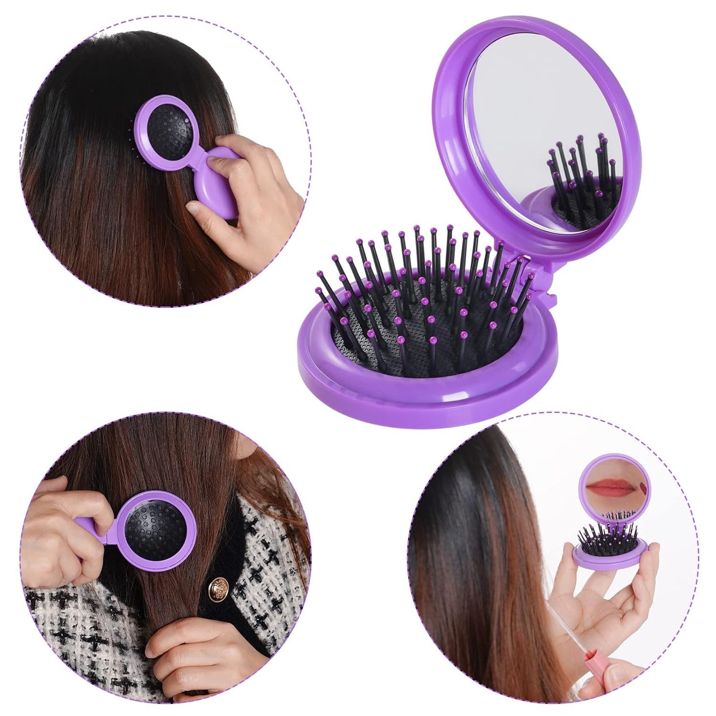 2pcs Folding Travel Hair Brushes Round Mirror Compact Rose Red & Purple