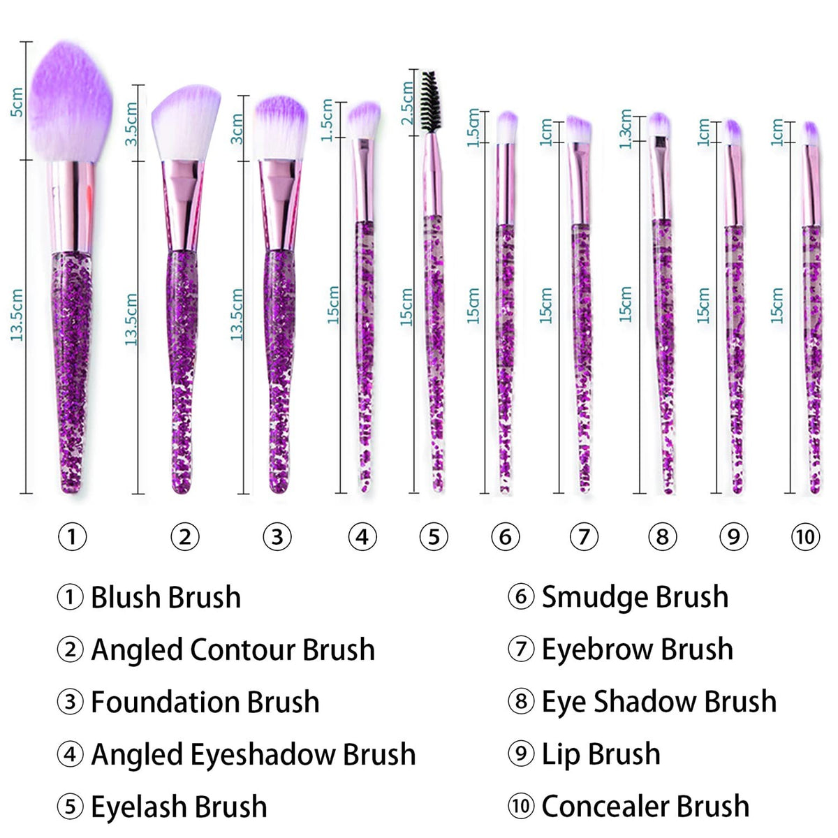 10-Piece Makeup Brush Set with Glitter Handle for Foundation Blush & Eyeshadow