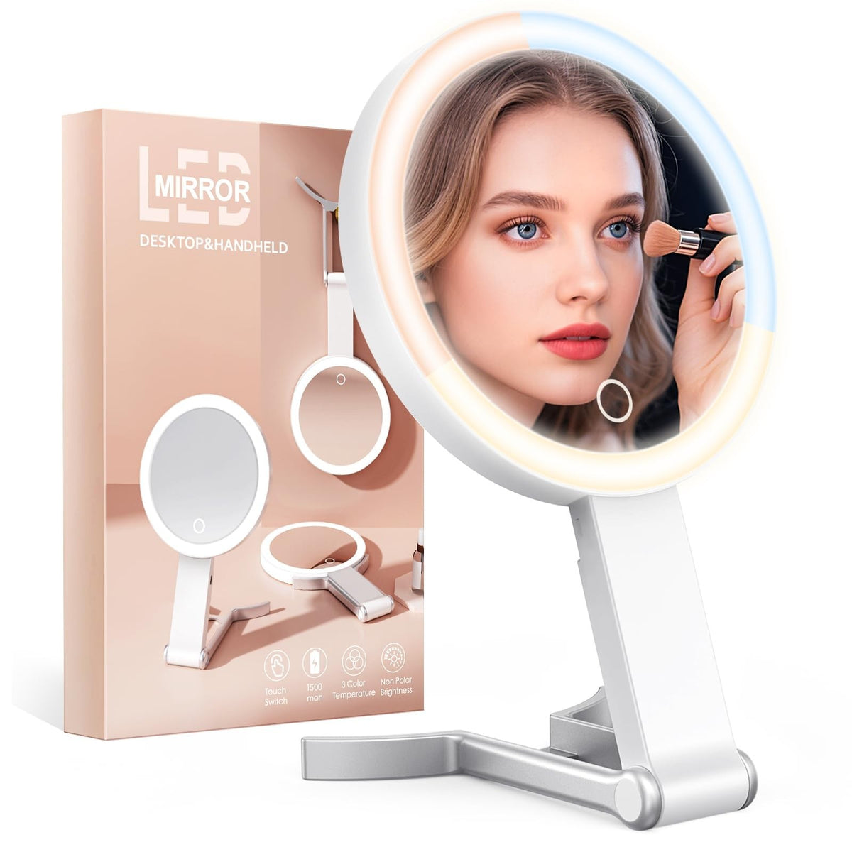 Travel Makeup Mirror with Lights and Magnification - 15X/1X Double Sided Portable LED Mirror, Dimmable Touch, White