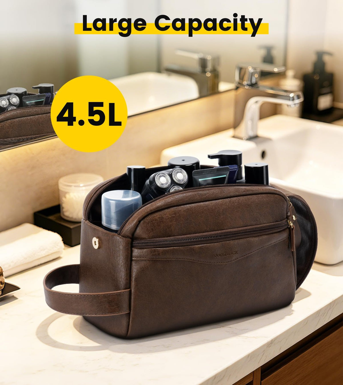 Men's PU Leather Toiletry Bag with Wide Opening Travel Organizer