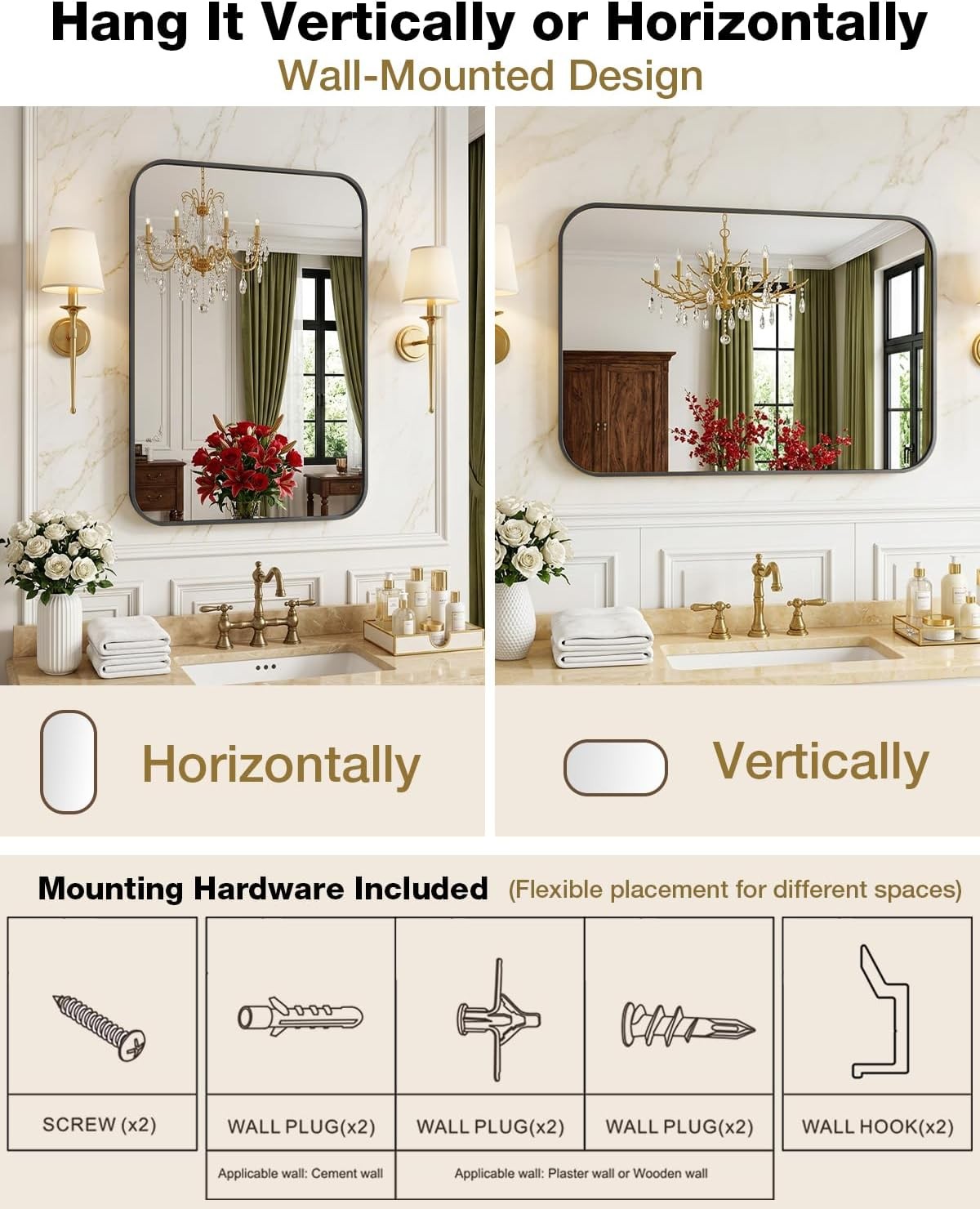 16x24 Matte Black Wall-Mounted Bathroom Mirror Rectangle Vanity