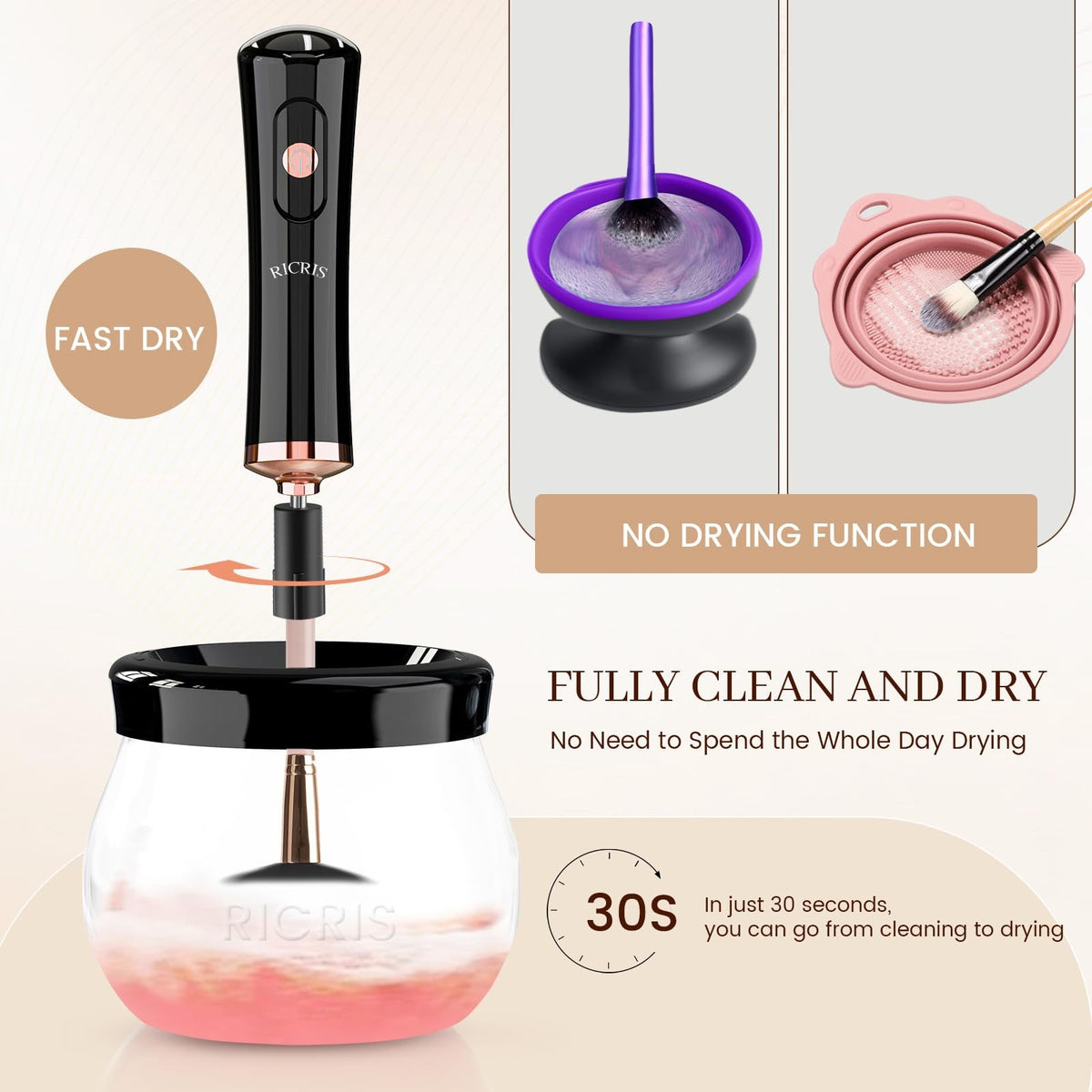 Electric Makeup Brush Cleaner and Dryer - Fast 30-Second Spin, Black