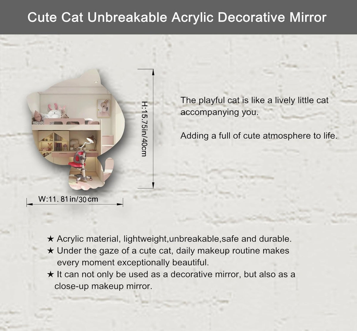 Cat Acrylic Mirror Wall Decor - Unbreakable Shatterproof Anti-Scratch Tempered Safety Mirror