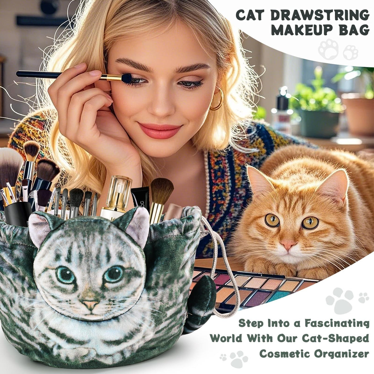 Cute Cat Shaped Drawstring Makeup Bag for Women - Grey Tabby Cosmetic Case