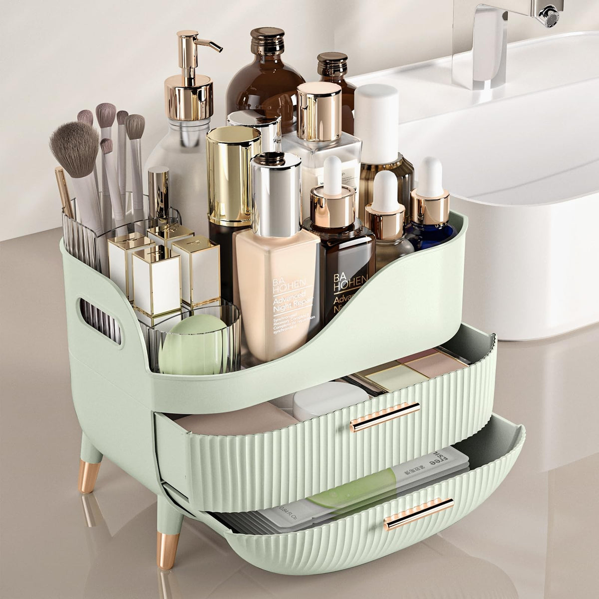 Makeup & Skincare Organizer with Drawers - Vanity Storage Box, Green