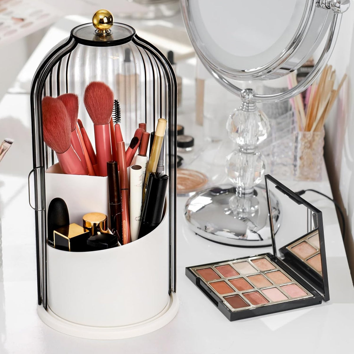 Rotating Makeup Brush Holder with Lid - Clear Dustproof Organizer for Vanity