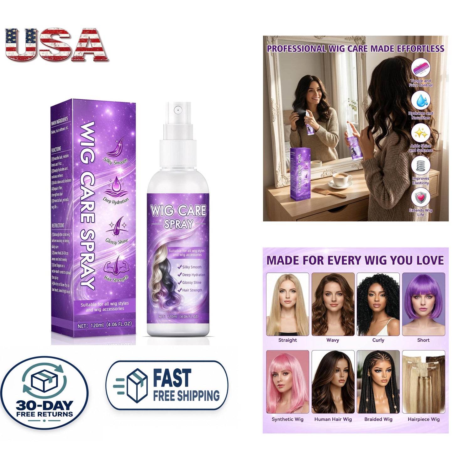 Synthetic Wig Spray with Frizz Control & Shine - Hydrating Detangler 120ml