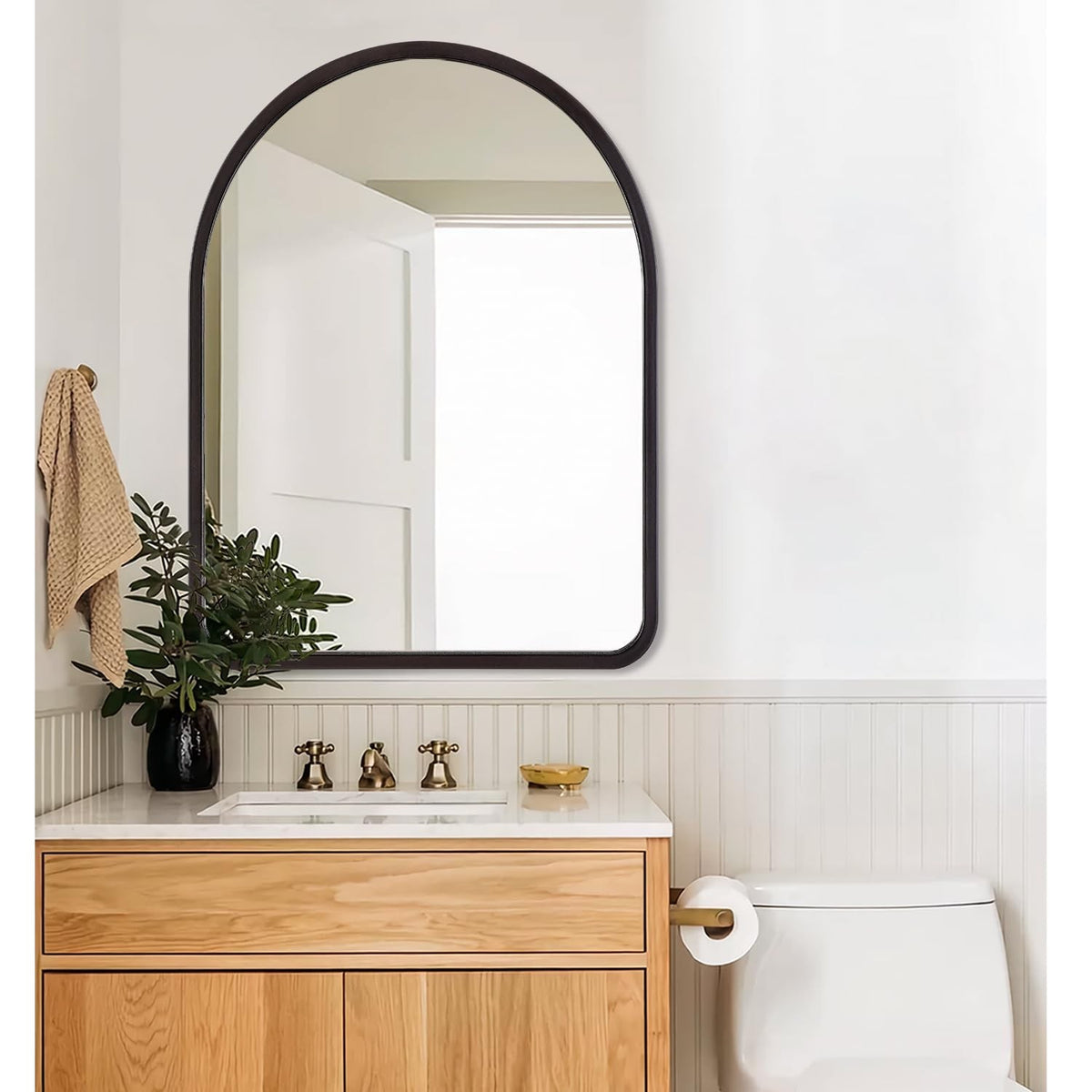 Large Arched Wall Mirror - Vintage Wooden Frame, Rustic Farmhouse Style, 26 x 18 Inches
