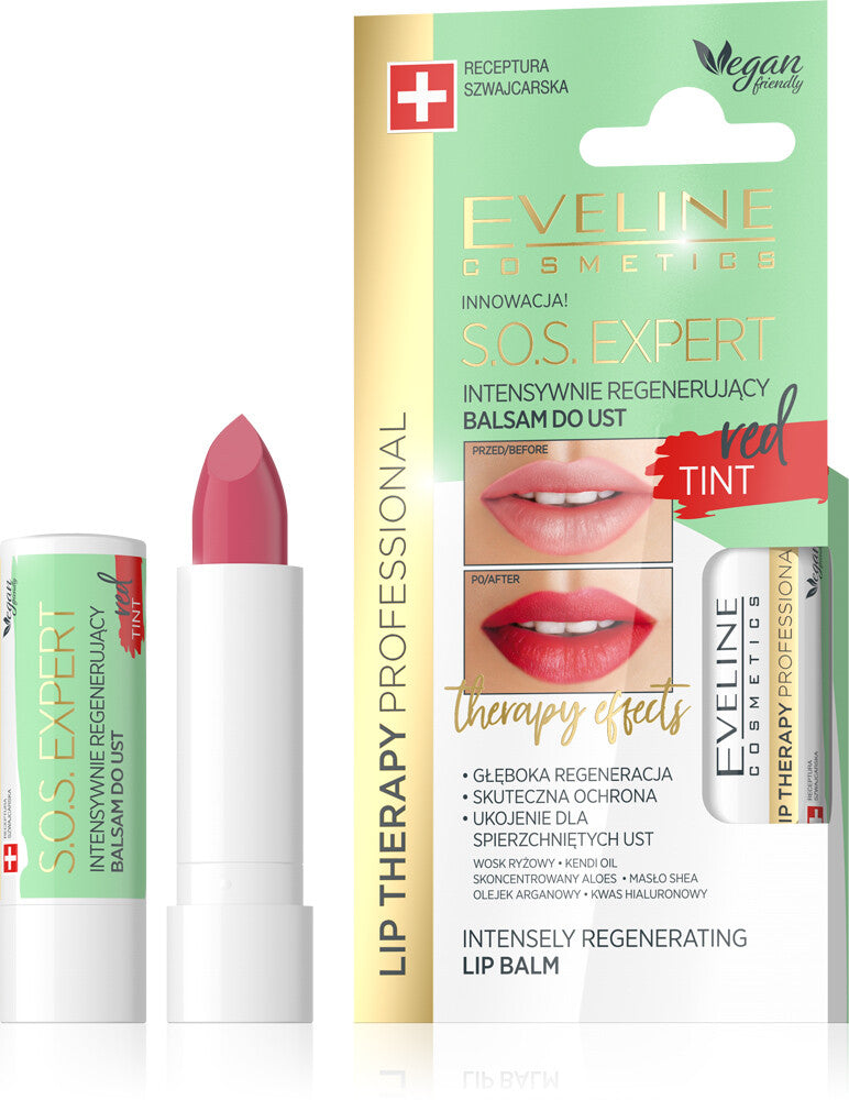 Eveline Cosmetics Lip Therapy SOS Balm - Clear or Tinted Red with Argan & Hyaluronic Acid