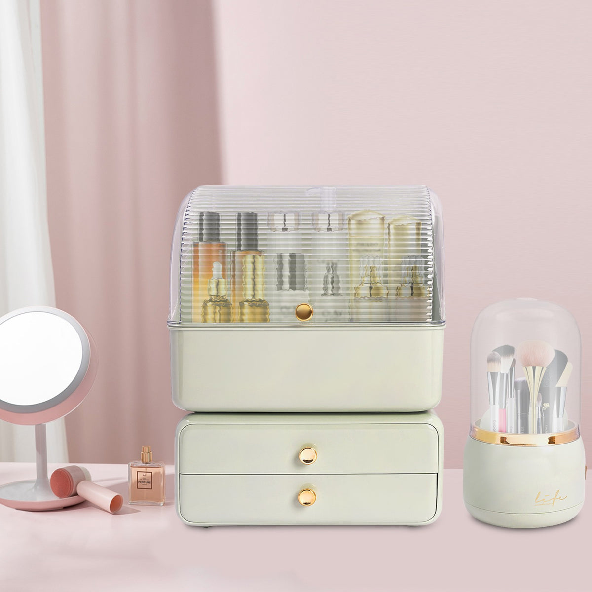 Green Makeup Organizer with Drawers & Brush Holder - Dust Protection
