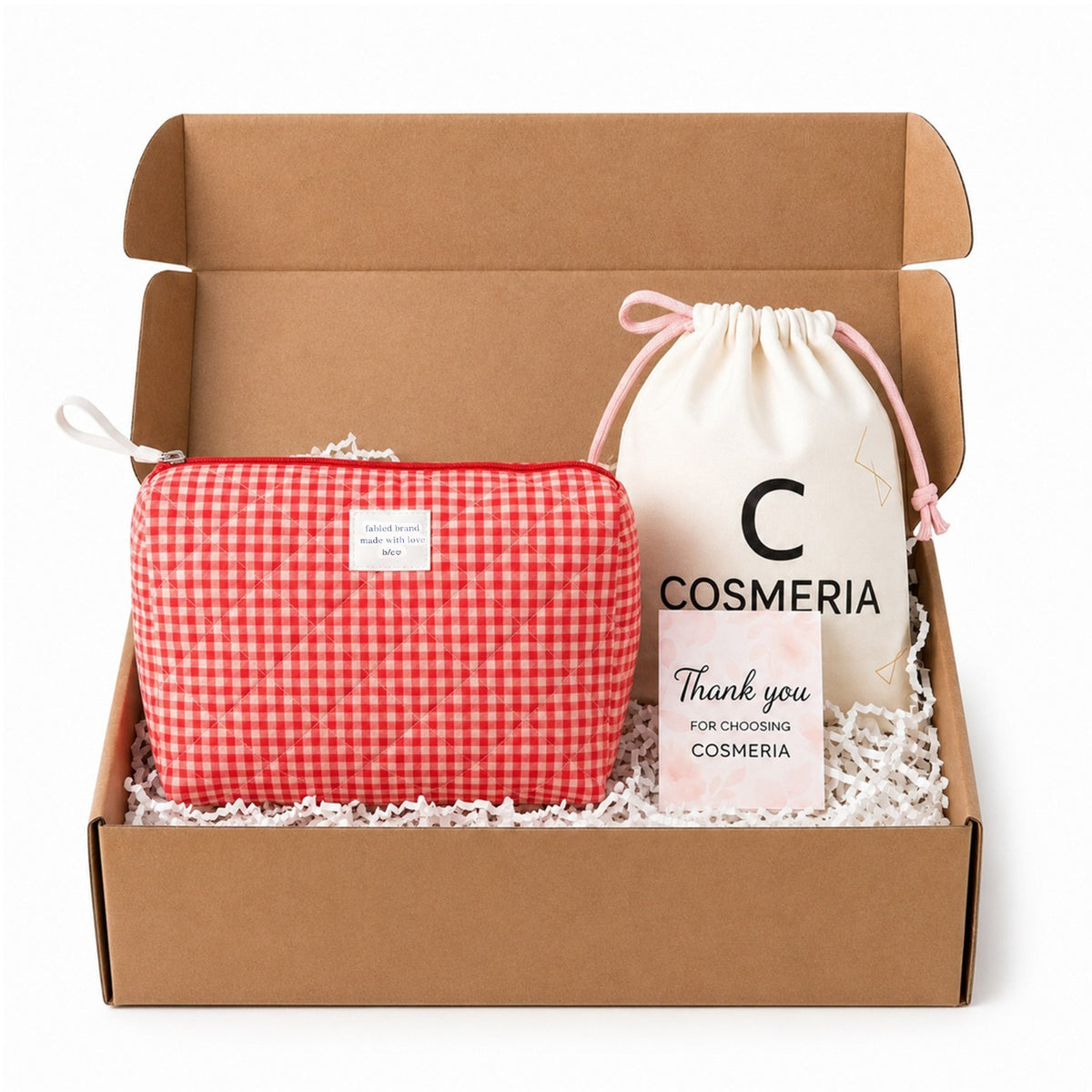 Medium Red Gingham Quilted Cosmetic Bag for Women - Travel Toiletry Organizer