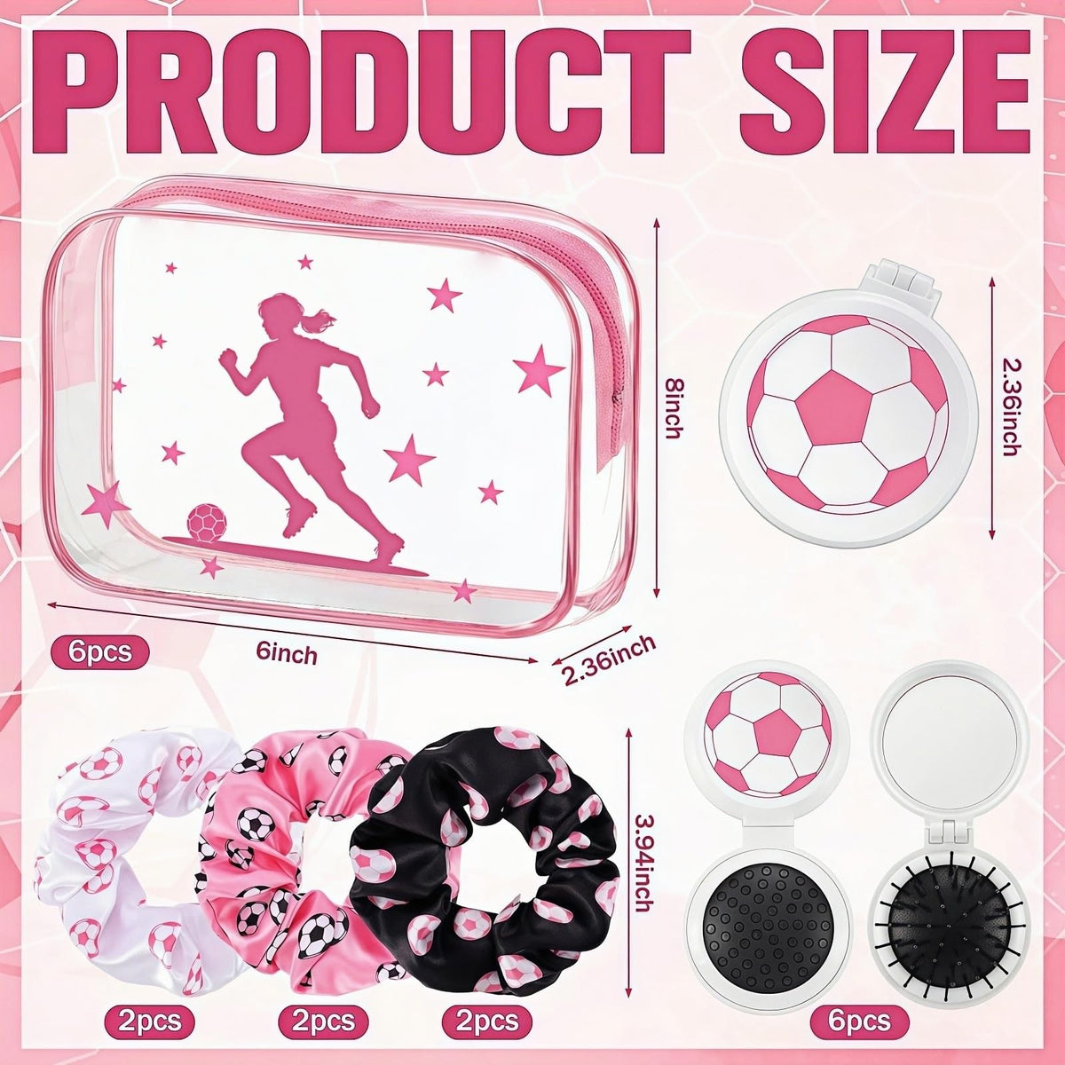Soccer Party Favors Set with Clear Makeup Pouches & Hair Accessories - Pink 18pcs