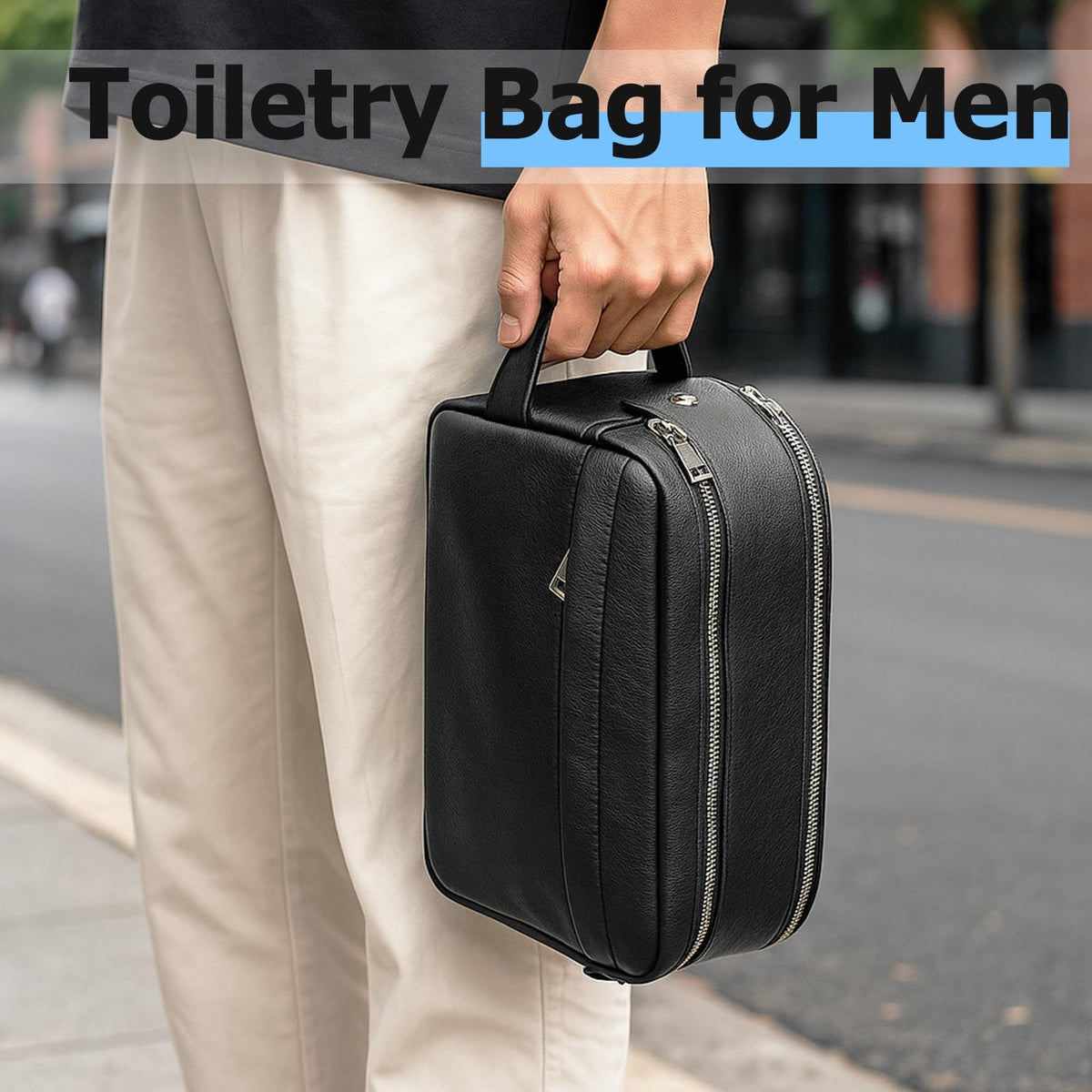 Water-Resistant Leather Men’s Travel Toiletry Bag Dopp Kit Black