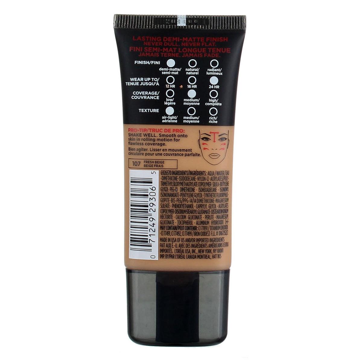L'Oreal Infallible Pro-Matte Foundation Fresh Beige 107 - 1 Fl Oz, Long-Lasting Matte Finish