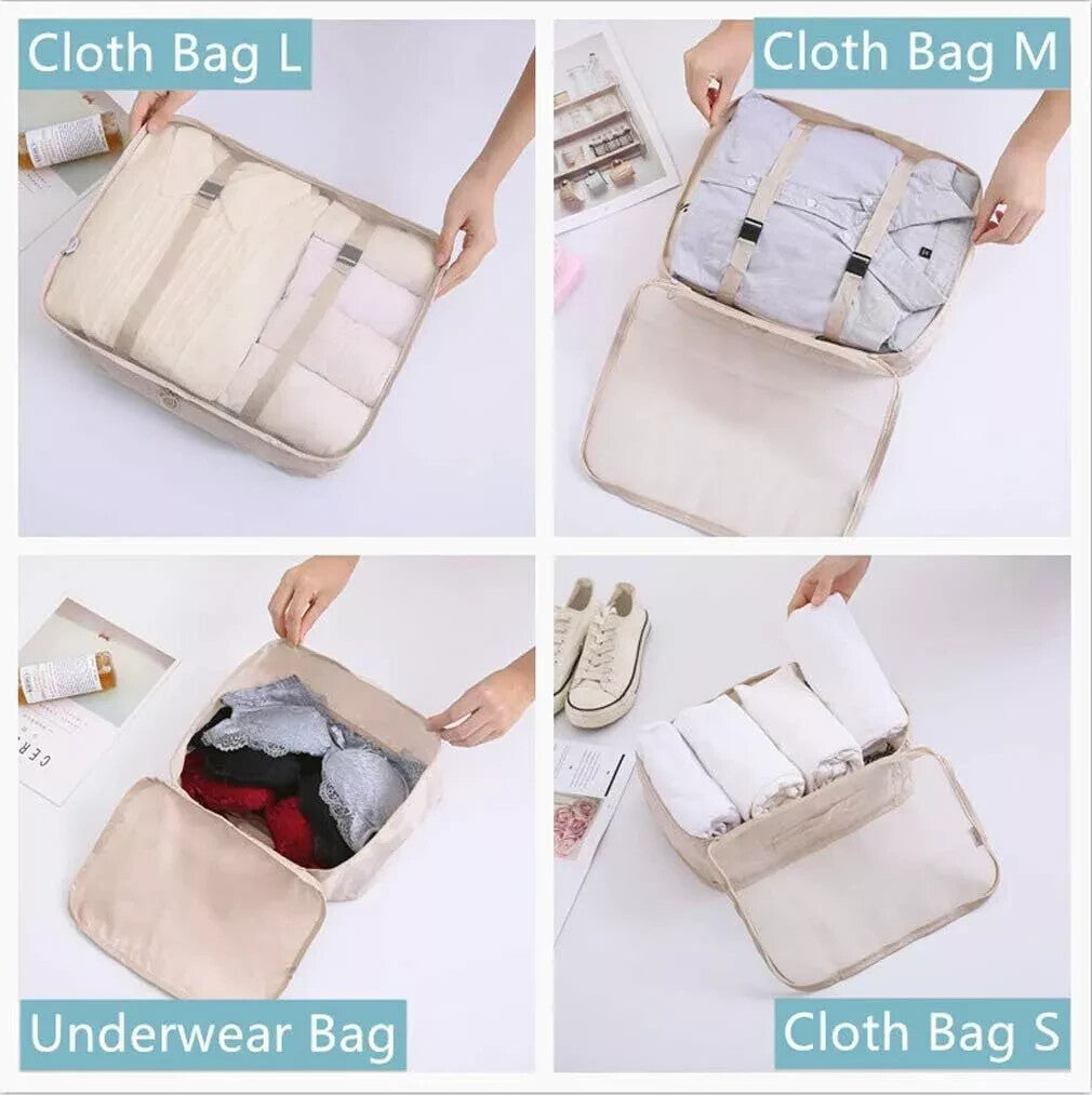 Travel Packing Cubes Set 8 Pieces with Toiletry & Shoe Bags - Beige