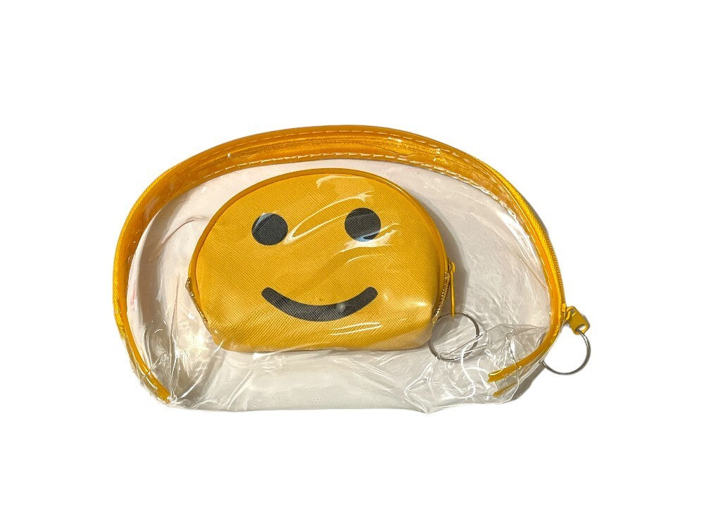 Large Zipper Cosmetic Bag Set with Happy Face Coin Purse - Clear & Colorful
