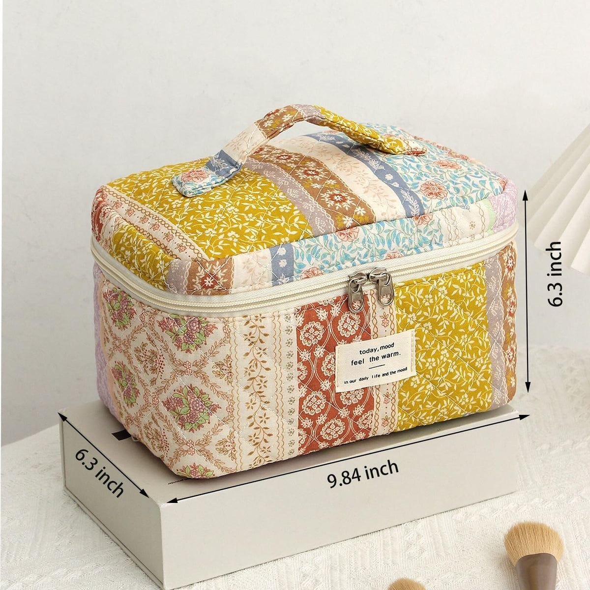 Large Floral Cotton Quilted Makeup Bag - Travel Cosmetic Organizer
