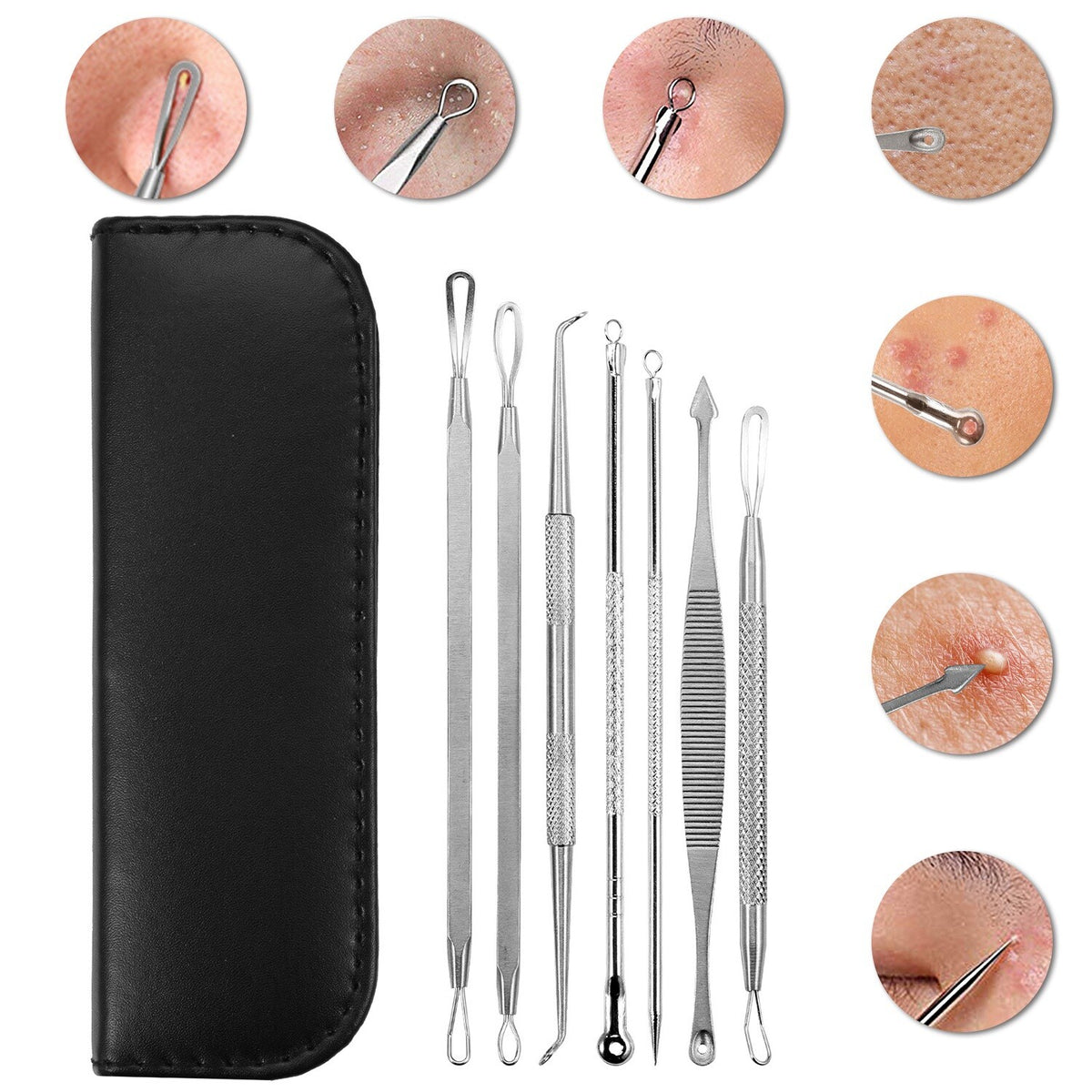 7Pcs Blackhead & Acne Comedone Extractor Tool Kit - Stainless Steel Pimple Remover Set