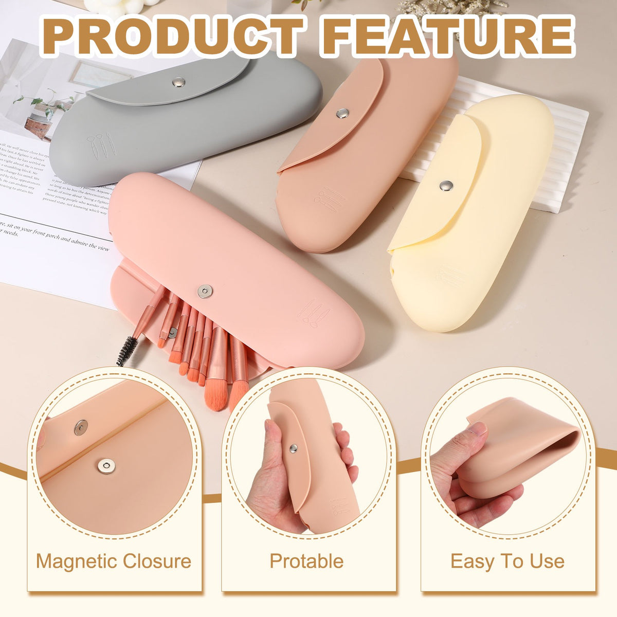 Silicone Makeup Brush Holder Travel Cosmetic Bag with Magnetic Closure - Khaki