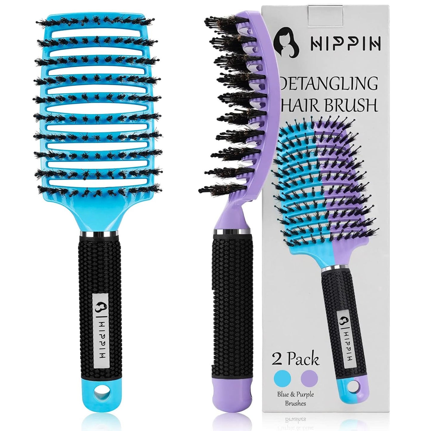 Boar Bristle Hair Brush Set of 2 for Detangling and Smoothing - Wet & Dry Hair