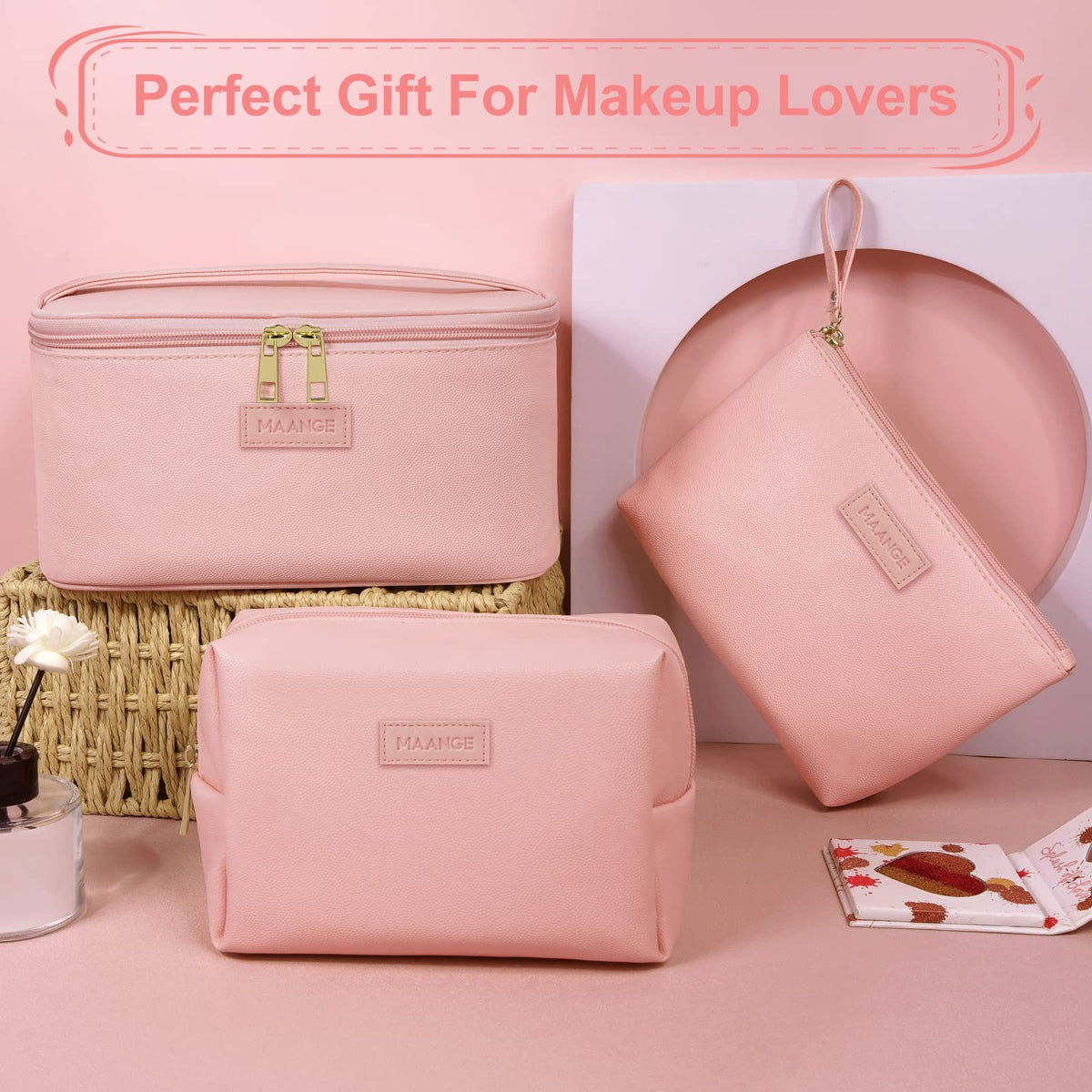 Large Travel Makeup Bag with 2 Small Cosmetic Pouches - Portable Leather Organizer Set