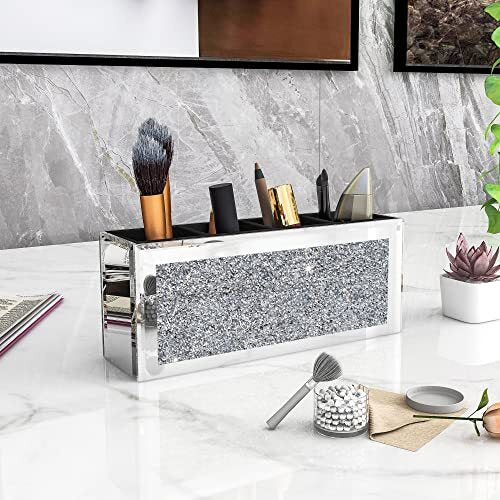 4 Slot Mirrored Makeup Brush Organizer Glass Storage Case with Crystals