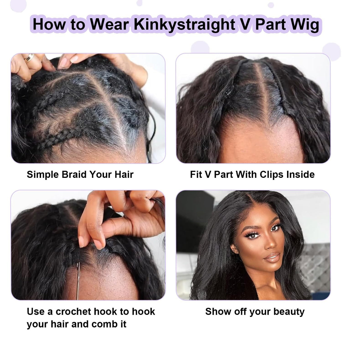 Human Hair Wigs 24 Inch V Part Kinky Straight Wig for Black Women - Natural Black, No Shedding