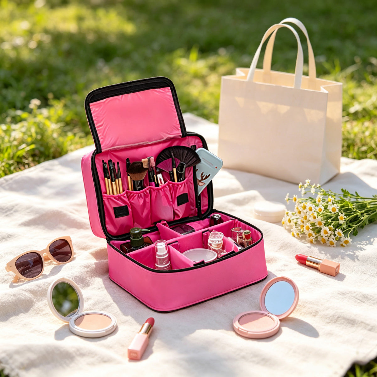 Pink Makeup Bag with Handle - Travel Cosmetic Organizer & Wash Bag