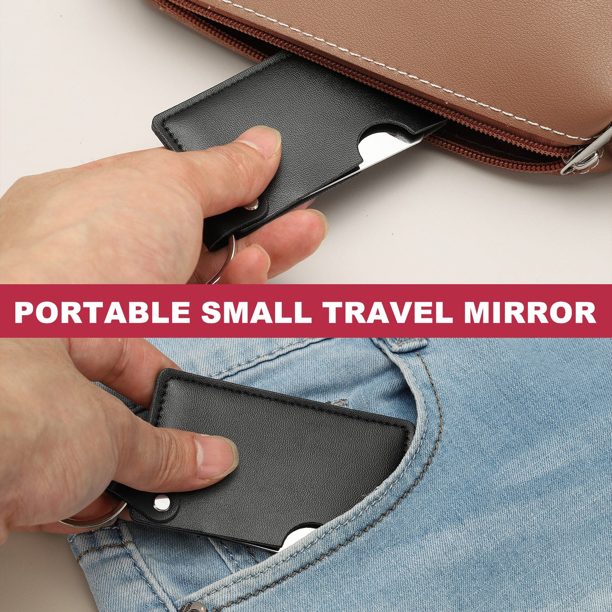 Small Rectangle Travel Mirror with Stainless Steel Surface, Compact & Portable Black