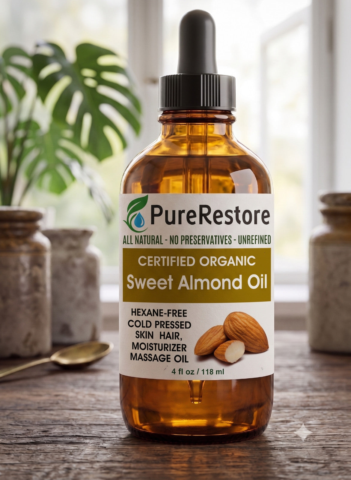 Organic Sweet Almond Oil - 100% Pure Cold-Pressed Body & Hair Oil