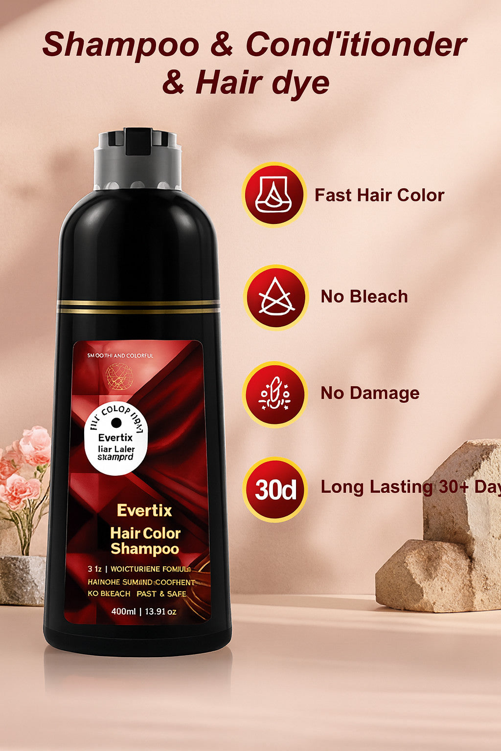 Wine Red Hair Dye Shampoo 3 in 1 - Gray Coverage, 400ml