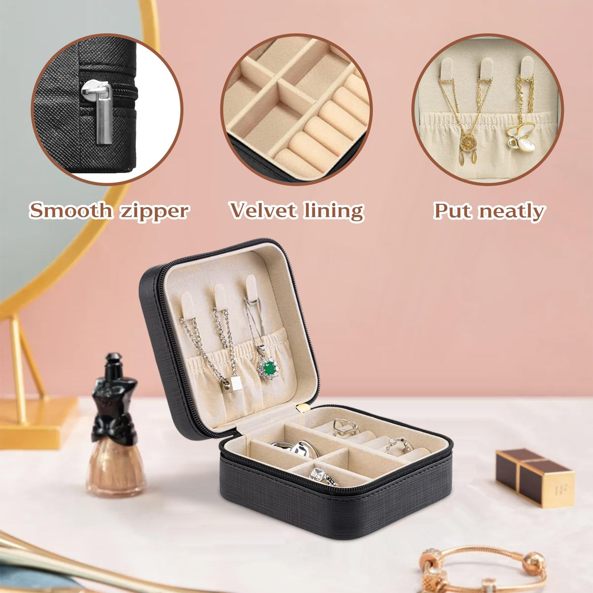 Travel Jewelry Case with Compact Mirror for Women, Squirrel Design