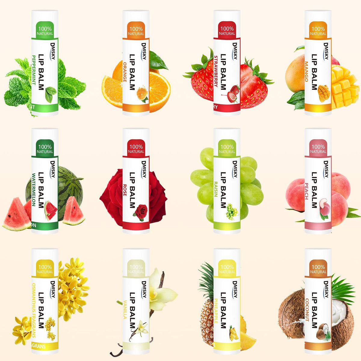 Natural Lip Balm Set with Coconut Oil & Vitamin E - 12 Flavors, Bulk Moisturizer for Dry Lips