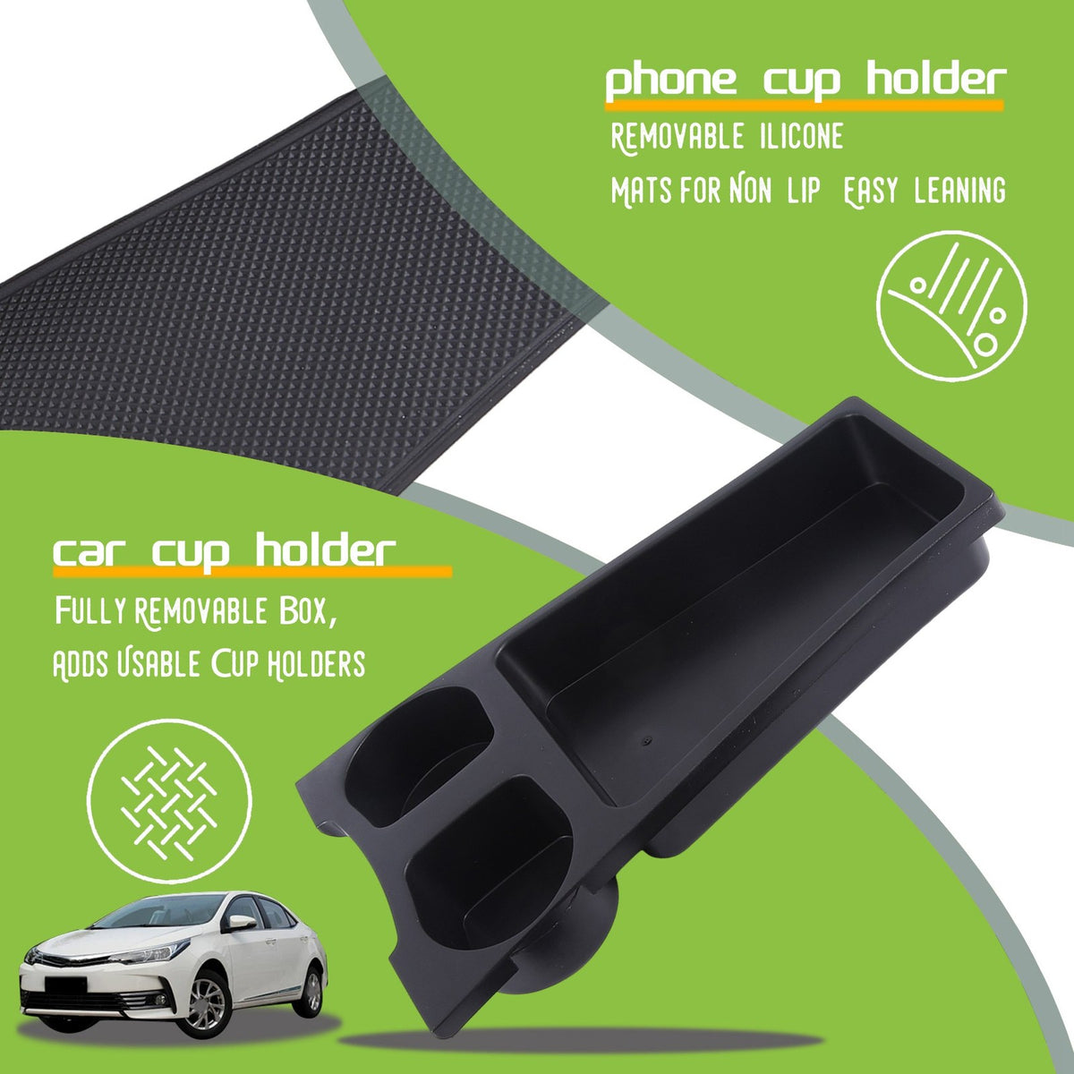 Car Center Console Cup Holder Tray Organizer with Removable Silicone Mats