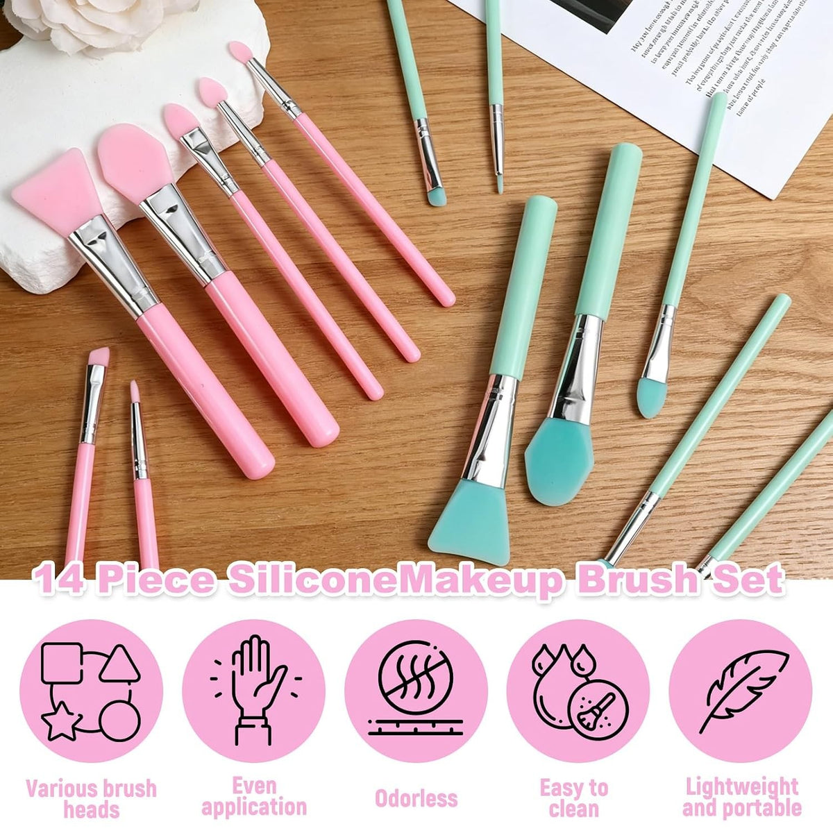 14-Piece Silicone Brush Applicator Set for Makeup and Resin Art - Green Pink