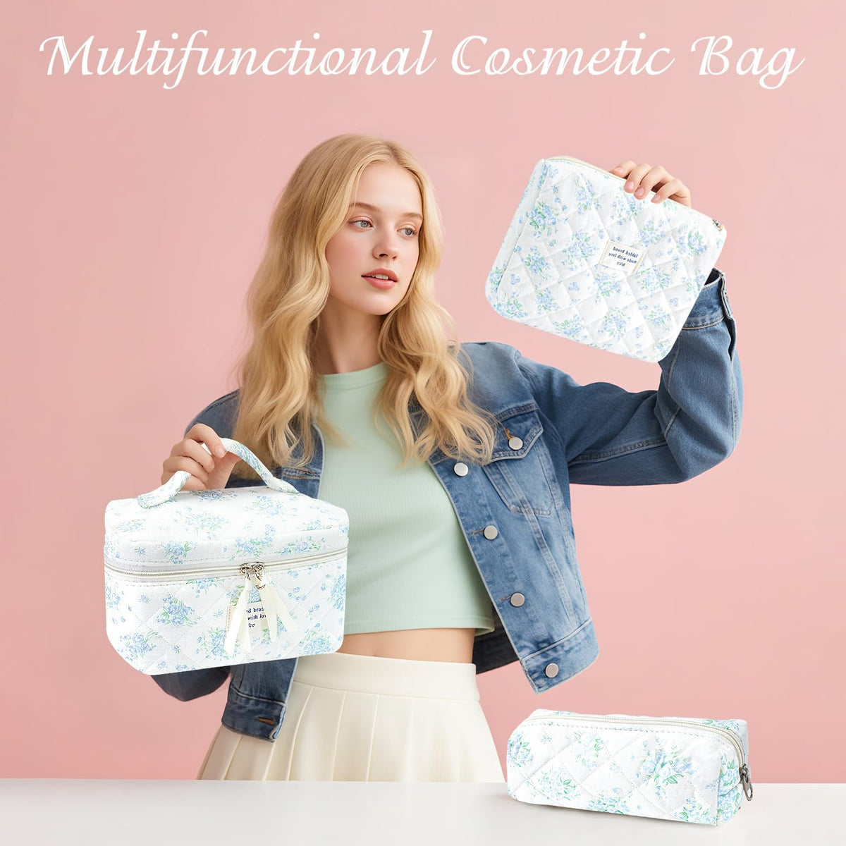 Cotton Quilted Floral Makeup Bag Set – 3Pcs Large Cosmetic Bags for Women