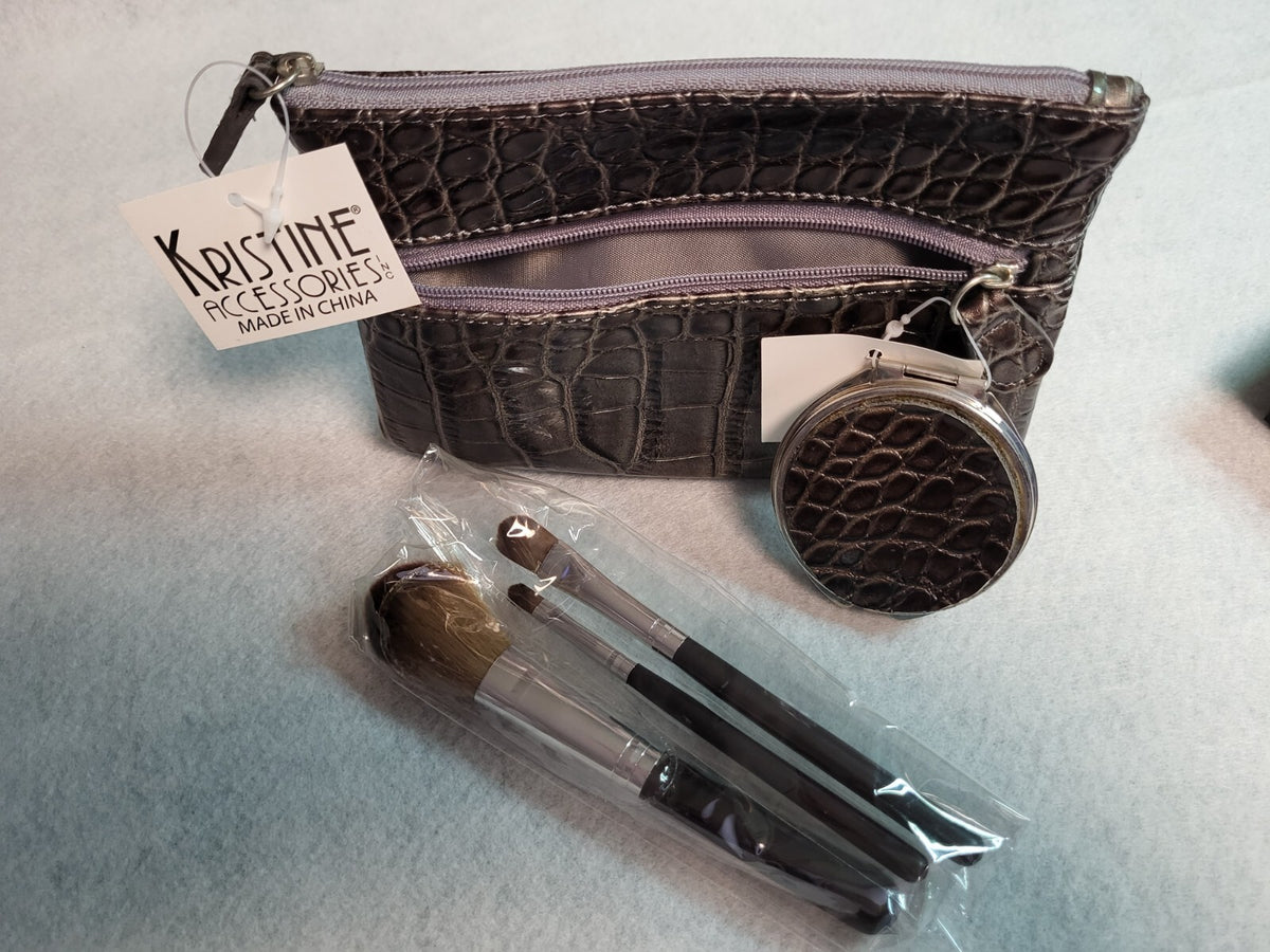 Makeup Brush Set with Cosmetic Bag Travel Kit 5-Piece Brown Faux Leather
