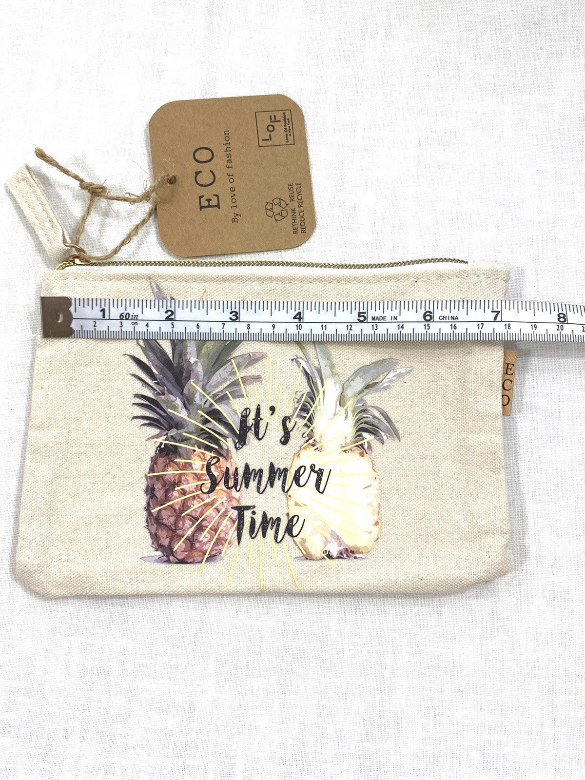 Summer Time Cosmetic Bag - Travel Makeup Pouch with Zip Closure, White