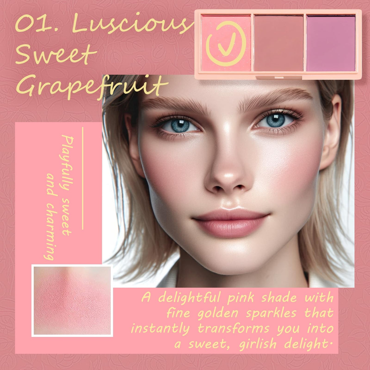 3 Color Matte Pink Blush Palette with Brush - Long Lasting Cheek Makeup