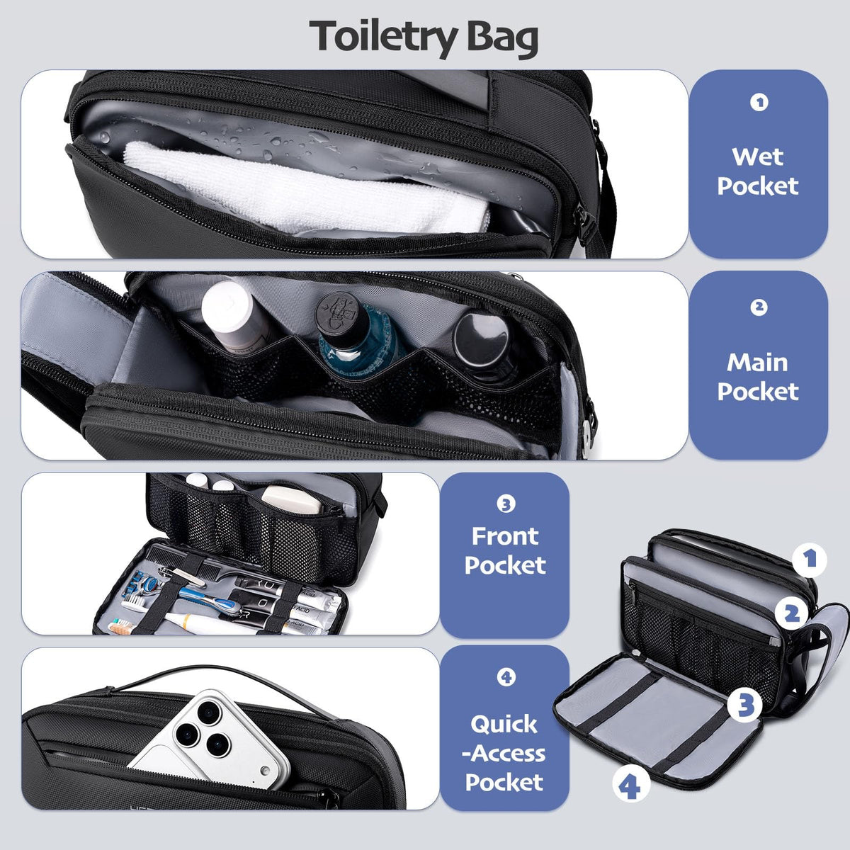Waterproof Travel Toiletry Bag with Wet Pocket & Dry Compartment – Large Dopp Kit for Men
