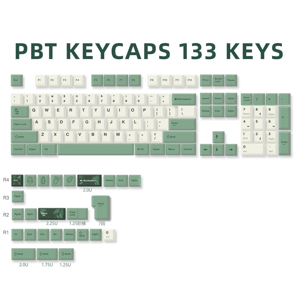 Green PBT Keycap Set for Mechanical Keyboard - MDA Profile, ANSI Layout, Botanical Theme
