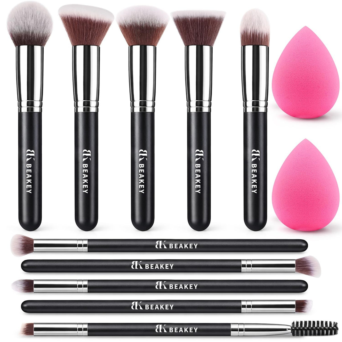 Makeup Brushes Set 12 Pieces - Black and Silver Synthetic Face & Eye Brushes