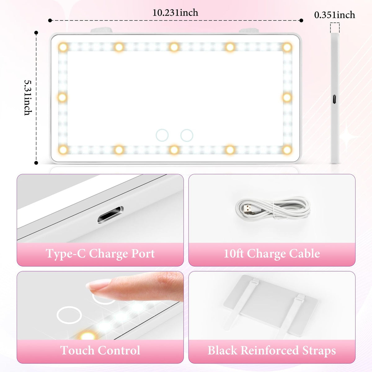 Rechargeable Car Sun Visor Vanity Mirror with 60 LEDs & 3 Light Modes